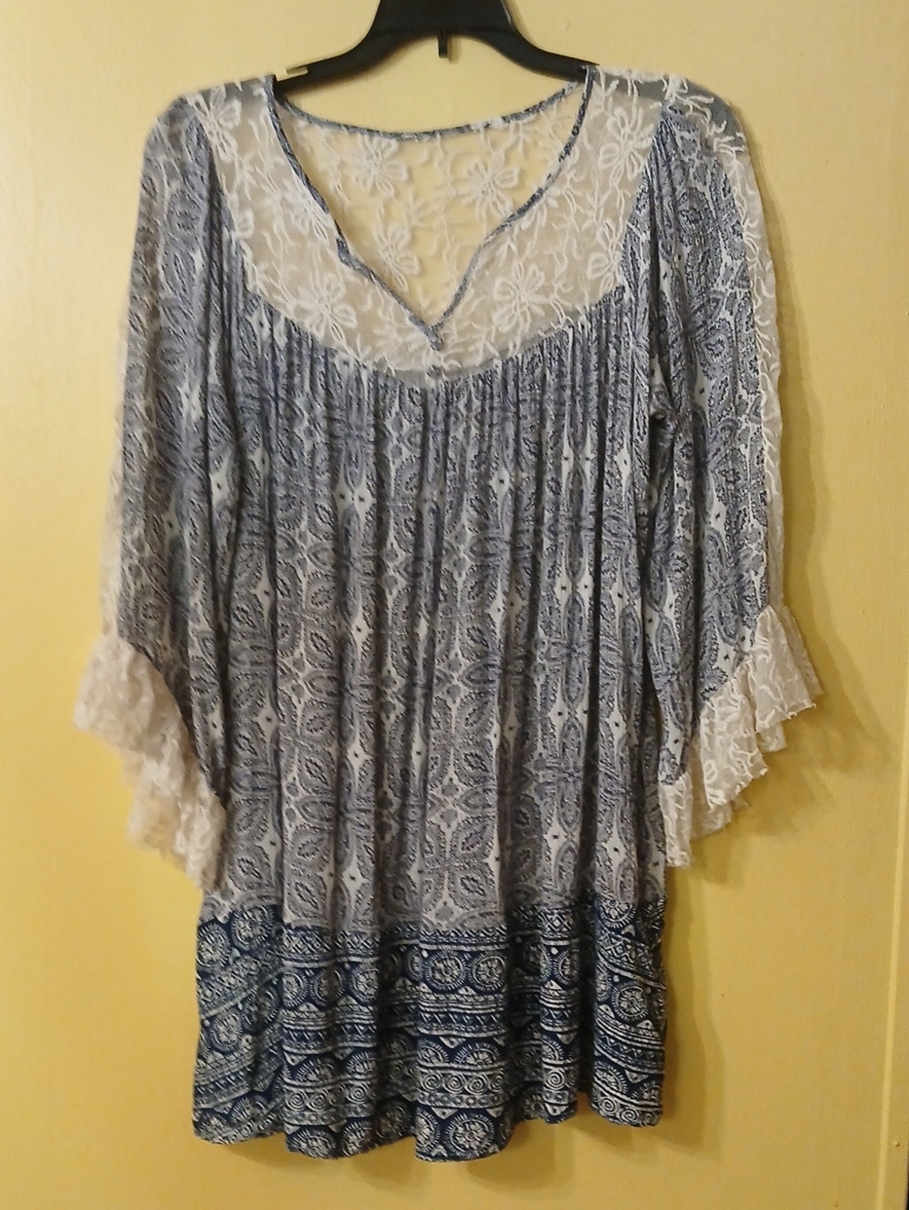 Altar'd State Blue Paisley Lace-Trim Midi Dress